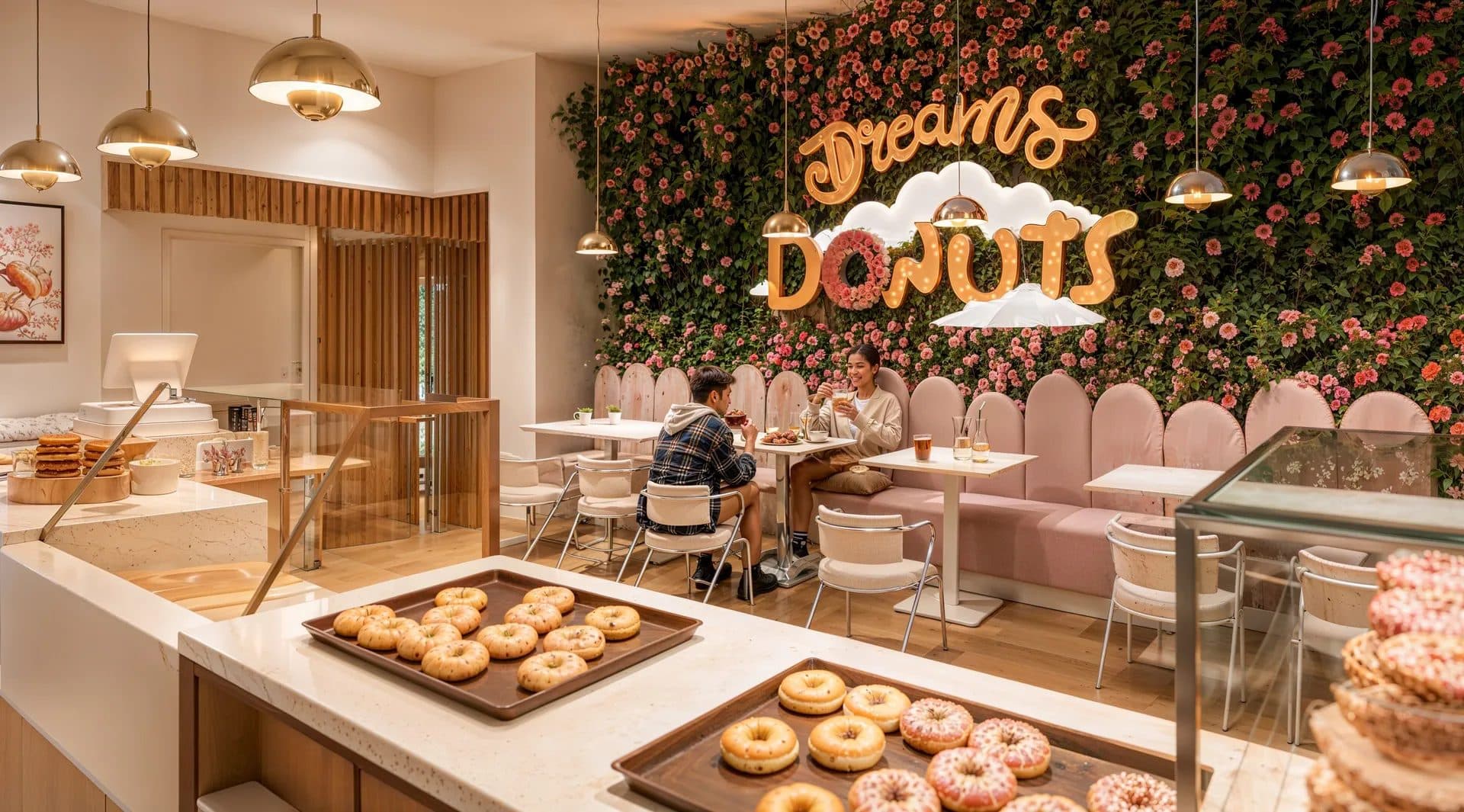 Salle de restauration rose pâle, mur végétal et enseigne lumineuse Dream Donuts
