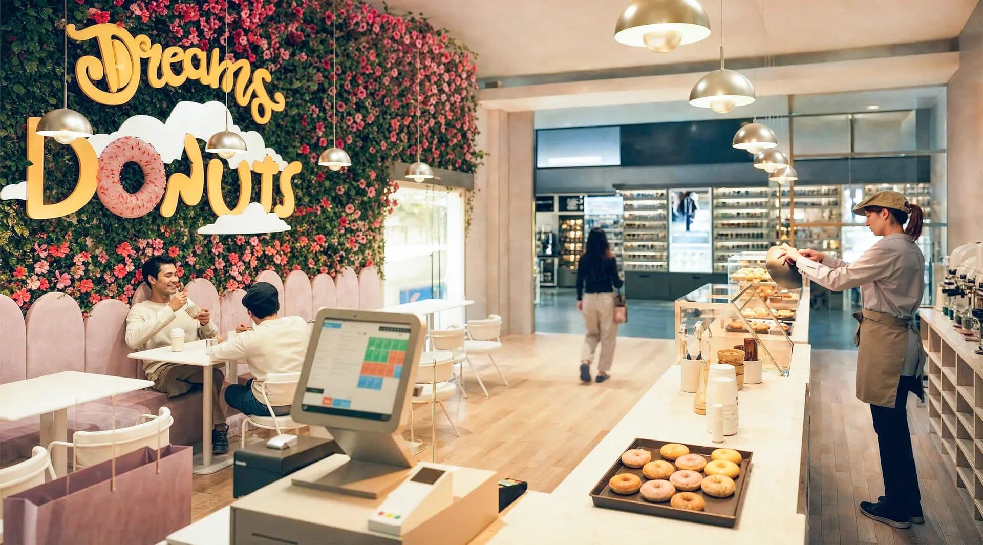 Comptoir de vente avec plateaux de donuts, mur végétal fleuri et espace client